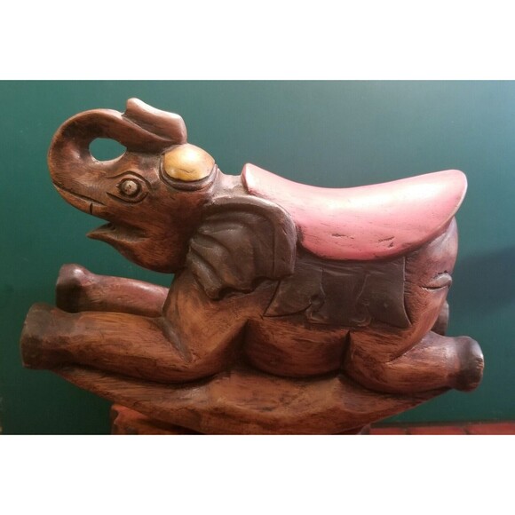 Vintage Hand Carved & Hand Painted Wooden Elephant Rocking Horse 10.5"x7.25"x4" - Picture 1 of 6